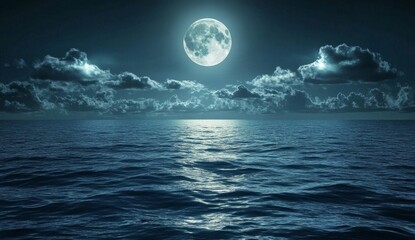 Moonlight reflecting on a calm sea, with clouds.  Possible use backgrounds, wallpaper, posters