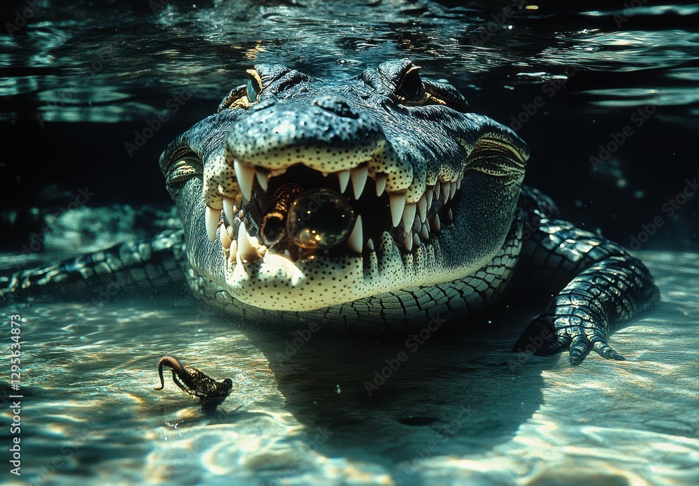 Poster dramatic underwater scene featuring an alligator with intense expression capturing prey in a clear b