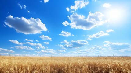 Fototapeta premium Expansive panoramic view of a golden field under a bright blue sky with fluffy white clouds : Generative AI