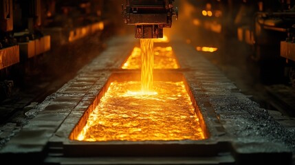 Molten Metal Pouring from a Casting Machine in an Industrial Foundry with Warm Glow and Reflection, Creating a Dynamic Manufacturing Scene