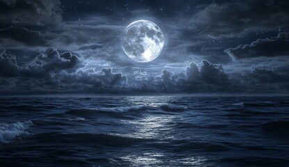 Fototapeta premium Full moon over stormy ocean at night