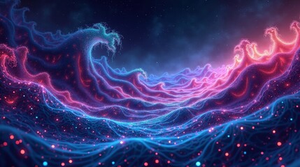 A vast cosmic web of pulsing fractal waves, neon-glowing tendrils weaving through reality, visualizing quantum fluctuations in an abstract, infinite dreamscape.