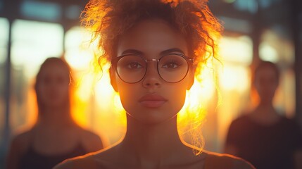 Portrait of Young Woman with Curly Hair and Glasses Against Backlit Sunset in a Warm Atmosphere, Capturing Introspection and Serenity in Contemporary Setting