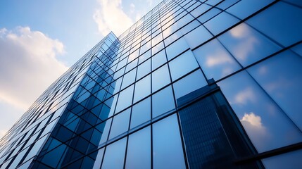 Obraz premium Modern Office Building with Reflected Clouds on Glass Windows under a Bright Sky : Generative AI