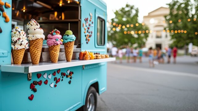A vibrant ice cream truck displays colorful cones, enticing customers in a lively outdoor setting with blurred backgrounds of people and trees.
