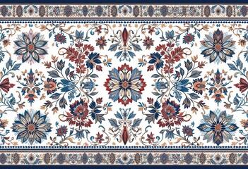 A detailed and colorful digital textile design featuring bold flower and geometric patterns