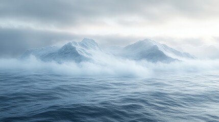 Serene Coastal Scene with Majestic Snow-Capped Mountains and Gentle Sea Waves Under a Misty Sky, Capturing Nature’s Tranquility and Beauty in a Perfect Moment