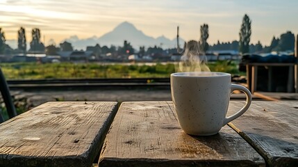 A steaming mug of coffee sits on a rustic wooden table outdoors