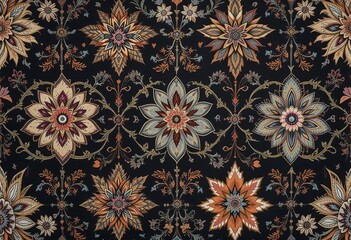 A detailed and colorful digital textile design featuring bold flower and geometric patterns