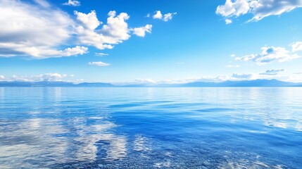 Fototapeta premium Tranquil blue water surface reflecting clouds and skies under bright day light : Generative AI