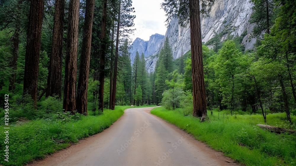 Aufkleber serene forest pathway surrounded by tall green trees and lush vegetation : generative ai