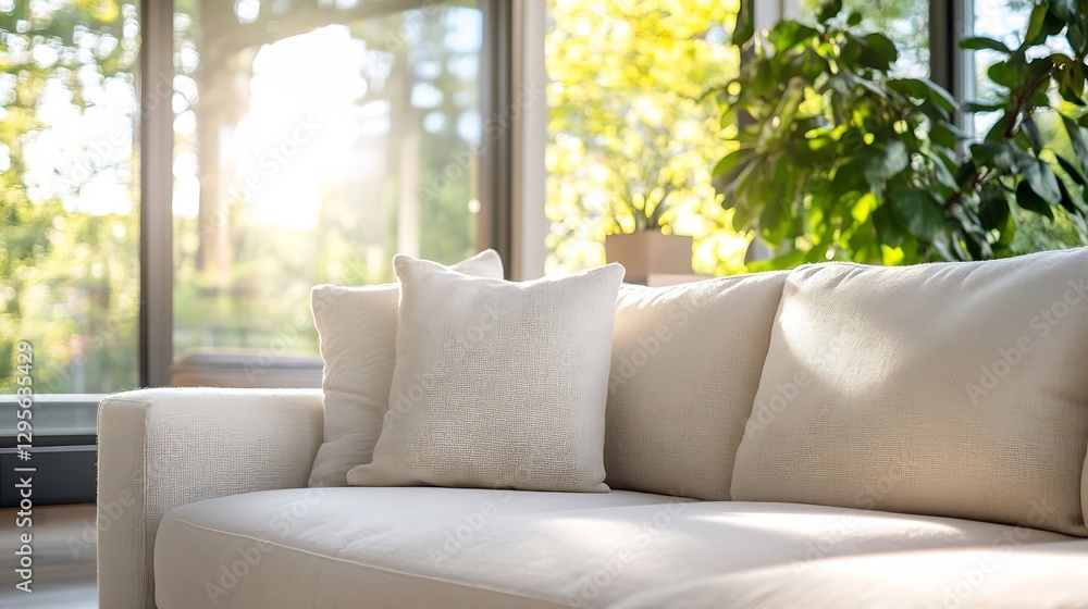 Poster bright and inviting living room interior featuring comfortable couch with soft pillows near large wi