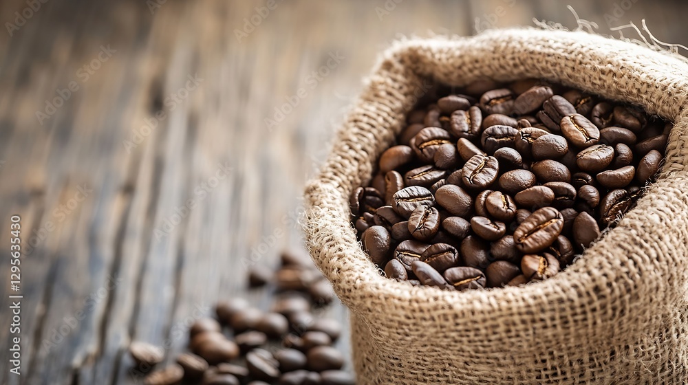 Poster a rustic burlap sack filled with fresh roasted coffee beans on a wooden surface with scattered beans