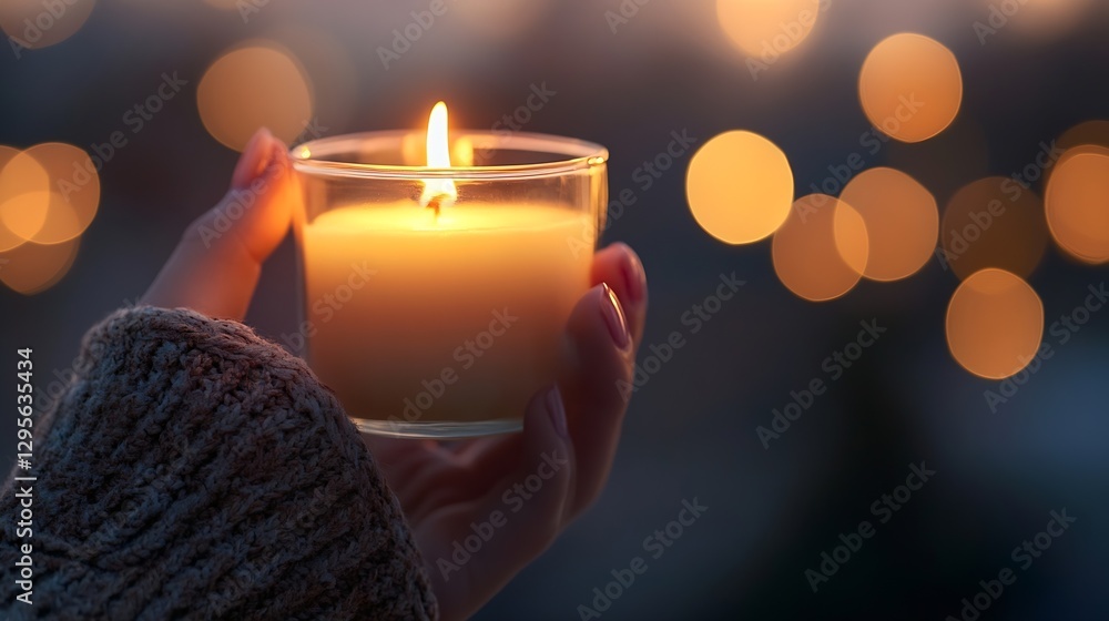 Aufkleber Warm Candlelight in Hand with Soft Bokeh Background Creating Cozy Atmosphere : Generative AI