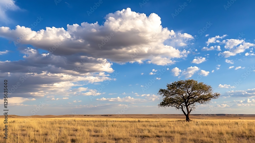 Poster Stunning Landscape with Lone Tree Under Dramatic Clouds in Wide Open Plains : Generative AI