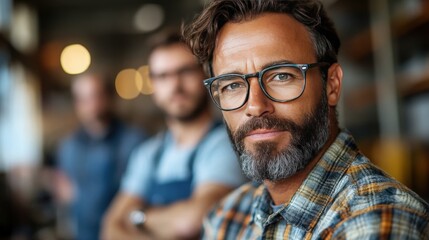 Thoughtful Male Professional in Glasses with Beard and Flannel Shirt, Sharing a Moment of Reflection in a Modern Workshop Setting