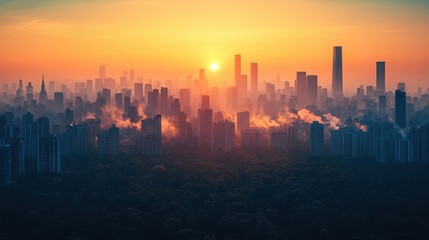 Stunning Sunset Over a Modern City Skyline with Silhouetted Buildings and Urban Smog, Capturing the Beauty and Challenges of Urbanization
