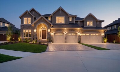 Naklejka premium Elegant suburban home exterior at twilight showcasing architectural design