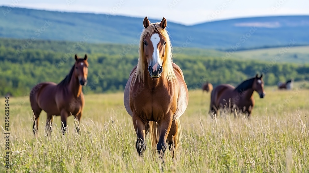 Poster a captivating image of a group of horses grazing in a lush green pasture under a bright blue sky : g