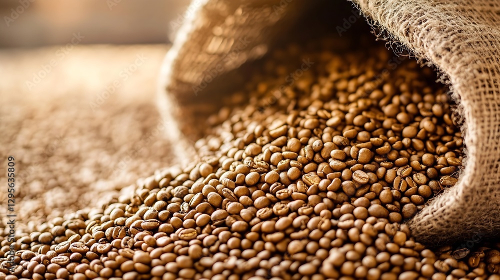 Poster A burlap sack spills fresh roasted coffee beans onto a rustic wooden table creating an inviting scene : Generative AI