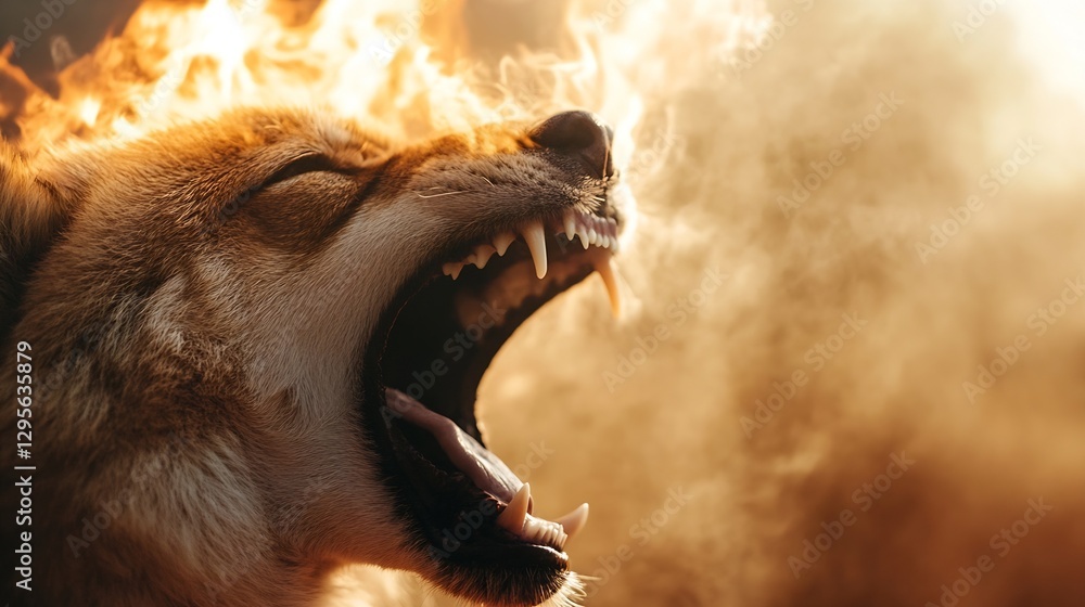 Poster fierce wolflike creature roaring amidst flames and smoke creating a dramatic and intense scene : gen