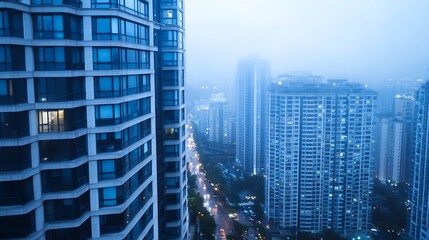 Fototapeta premium Foggy cityscape view of residential buildings at twilight with glowing lights and a moody atmosphere : Generative AI
