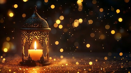 A decorative Arabic lantern with a lit candle glowing warmly in the palm of a hand