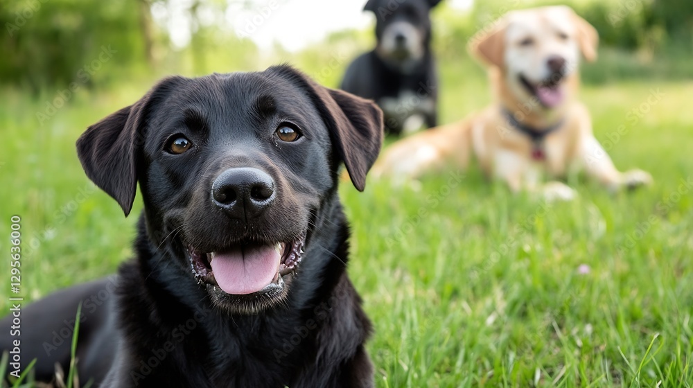 Aufkleber Three cheerful dogs enjoy a sunny day in a green park with a blurred background of playful friends : Generative AI