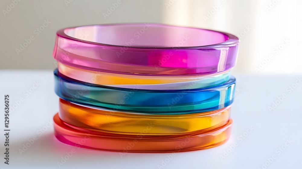 Poster a stack of colorful resin bangles with a glossy finish, elegantly displayed on a white surface