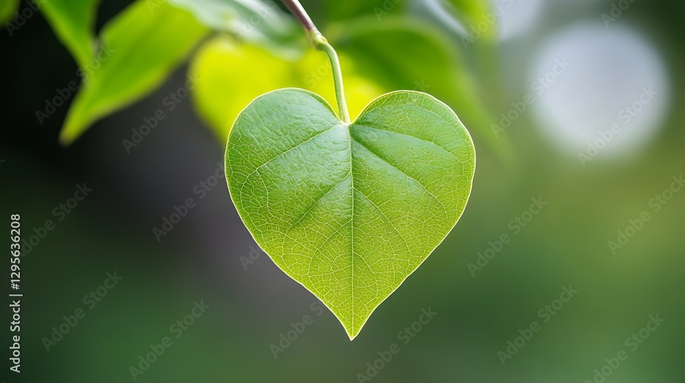 Poster heartshaped green leaf hanging delicately from a branch with a blurred natural background : generati