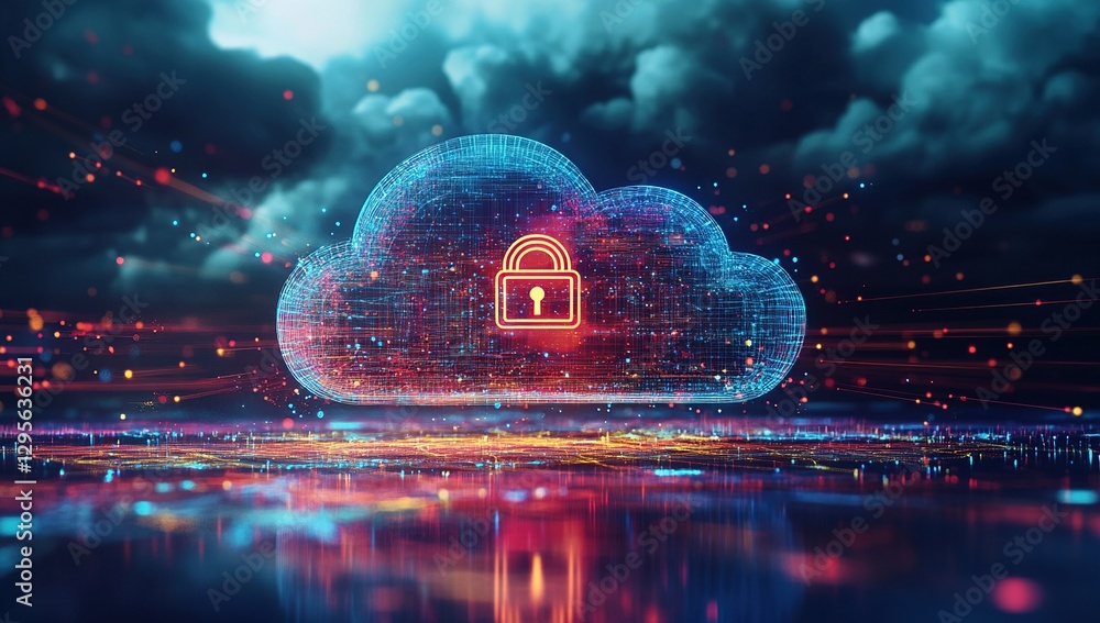 Poster abstract digital cloud security concept with glowing particles and a lock icon