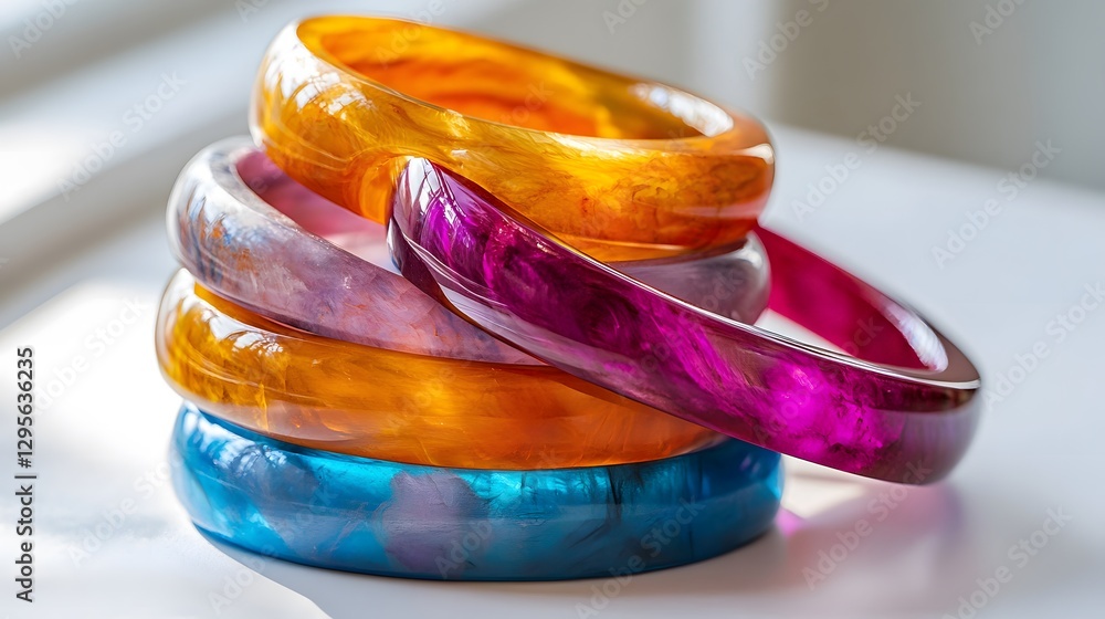 Poster a stack of colorful resin bangles with a glossy finish, elegantly displayed on a white surface
