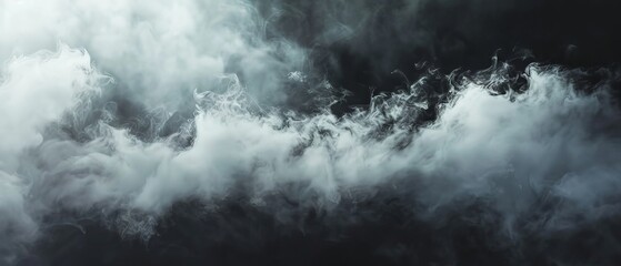 Fototapeta premium Cascading gray smoke overlays with floating dust particles creating an ethereal white effect on black background.