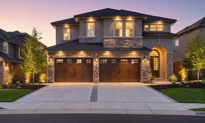 Obraz premium Elegant Home Exterior at Sunset Showcasing Architectural Details
