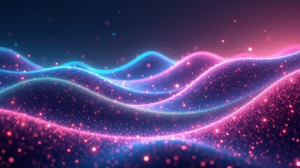 Obraz premium A mesmerizing landscape of interwoven quantum waves, neon-lit fractal geometries folding into higher dimensions, pulses of light shifting across an ever-changing quantum field.