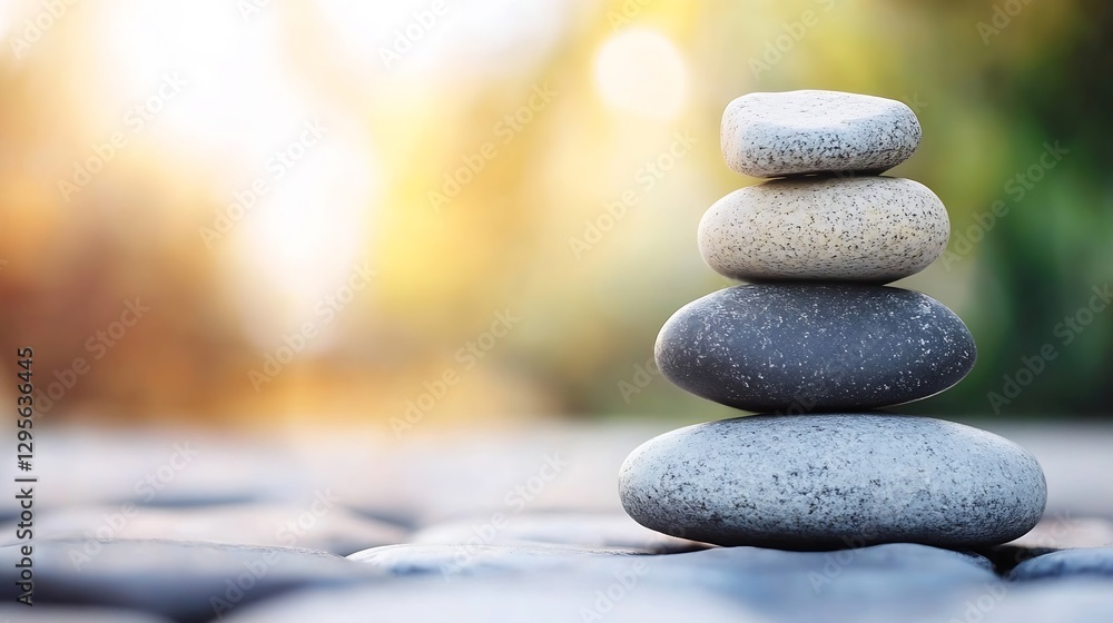 Aufkleber Smooth pebbles stacked in harmony showcasing balance and tranquility in a serene outdoor setting : Generative AI