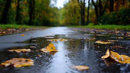Fototapeta premium Rain soaked pathway lined with vibrant autumn leaves in a serene park : Generative AI