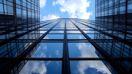 Modern Glass Building Against a Bright Blue Sky with Fluffy Clouds : Generative AI