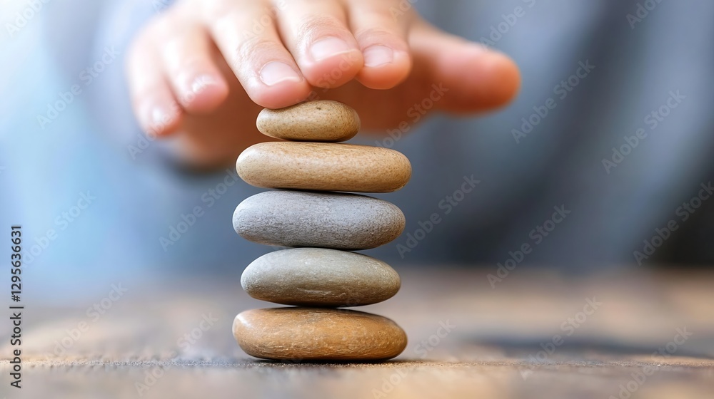 Poster A hand carefully balancing smooth polished stones in a serene stack on a rustic wooden table : Generative AI