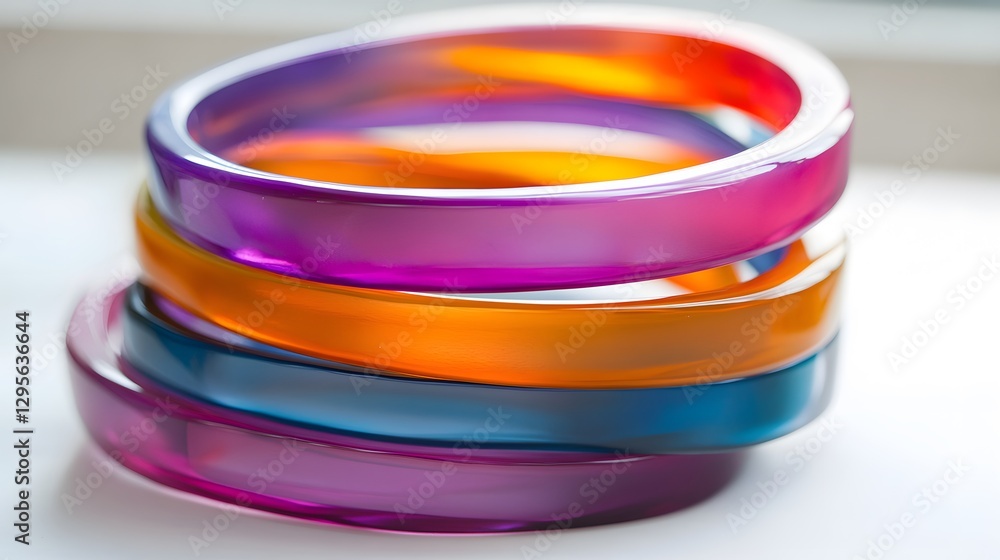 Poster a stack of colorful resin bangles with a glossy finish, elegantly displayed on a white surface