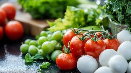 Fresh and vibrant assortment of vegetables featuring cherry tomatoes greens and herbs ready for a healthy meal : Generative AI