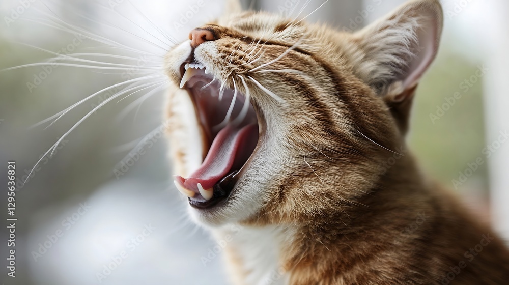 Poster a closeup of a yawning orange tabby cat showcasing its emotions in a bright home setting : generativ
