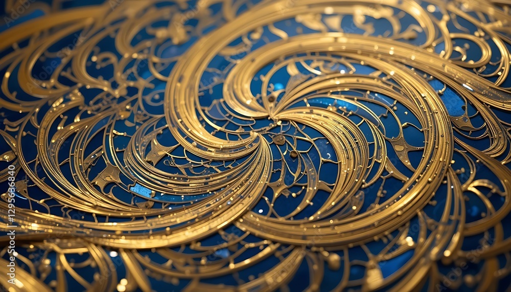 Poster sophisticated golden swirls and intricate patterns on deep blue backdrop