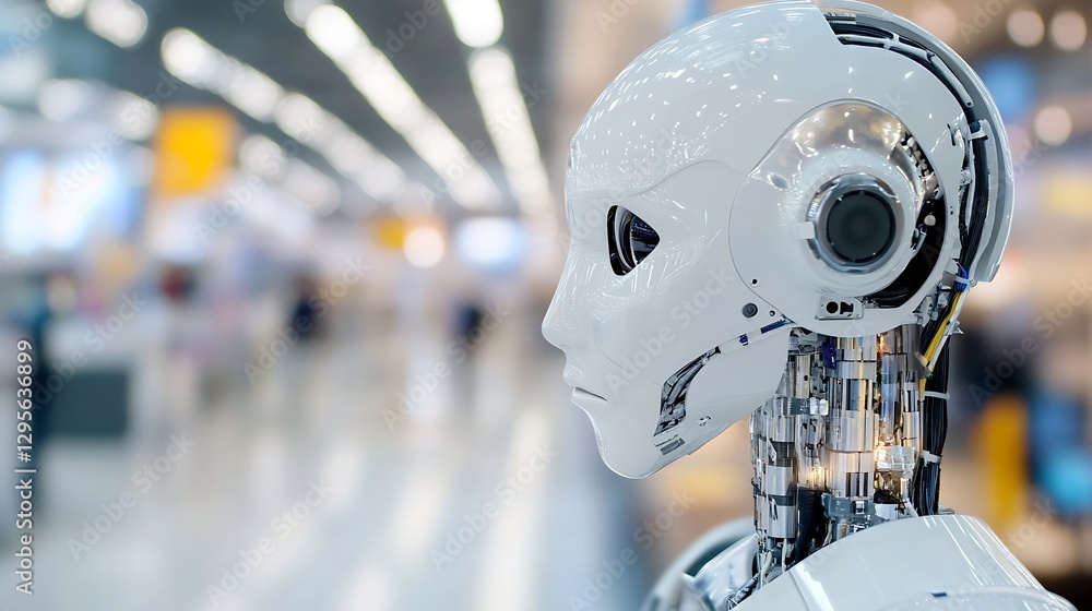 Poster Futuristic robotic figure showcasing advanced technology and artificial intelligence in a modern environment : Generative AI