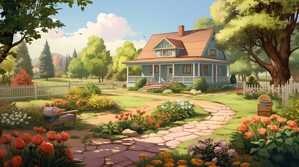 A beautiful country house with a large backyard filled with fresh vegetables and fruit trees, illustrated in a warm vector style.