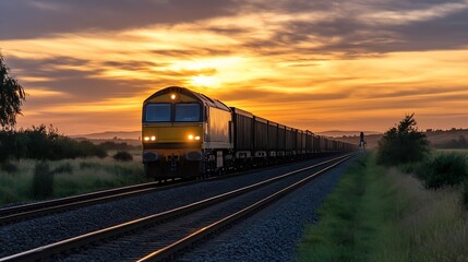 Fototapeta premium Freight Train Traveling on Railway Tracks During Stunning Sunset with Dramatic Sky : Generative AI