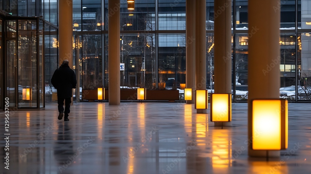 Poster Person walking through an elegantly designed modern space with glowing lights creating a captivating ambiance : Generative AI
