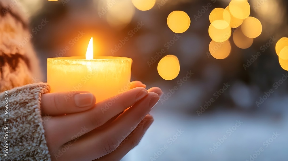 Poster soothing candle held in hands surrounded by warm bokeh lights creating a serene and peaceful ambianc