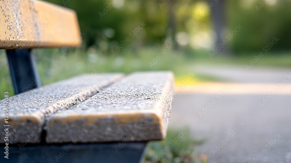 Poster closeup of a weathered park bench surrounded by lush greenery in a peaceful setting : generative ai
