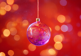 Obraz premium Close-up of a Christmas tree decoration with a pink ball hanging on it, against a red background with blurred lights and bokeh in the background